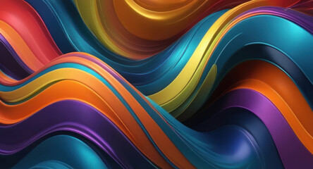 Abstract horizontal background. Multi-colored material, curves of multi-colored volumetric lines. AI generative.