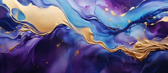 A detailed closeup of a vibrant painting featuring electric blue and violet hues with gold swirls,...