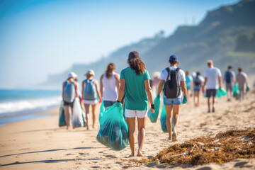 A group of people are walking on a beach, picking up and cleaning the trash and plastic waste