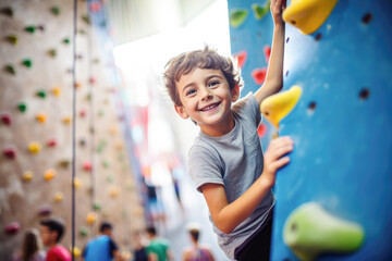 A young boy eagerly tackling a climbing wall at the gym, mastering the art of bouldering with determination. - obrazy, fototapety, plakaty
