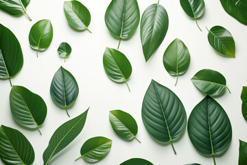 A photo of a minimalist flat lay scene featuring tropical leaves in shades of emerald and forest green.
