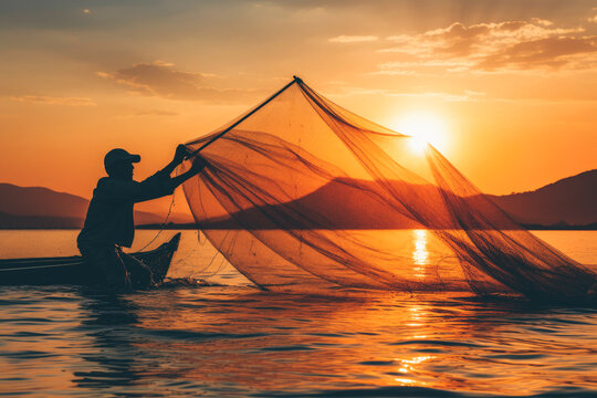 An Asian fisherman casts his net into the tranquil waters of the lake, silhouetted against the colorful hues of the rising sun.