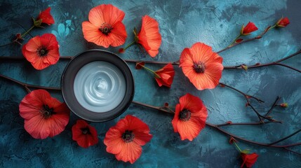 an overhead view of a bowl of yogurt surrounded by red flowers on a teal blue tablecloth.