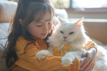 Young girl cuddling fluffy white cat - A serene moment as a young girl gently holds a fluffy white cat