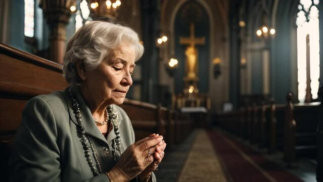Elderly woman prays in church, arc shot. Portrait of mature adult with folded hands and silently reading prayer.