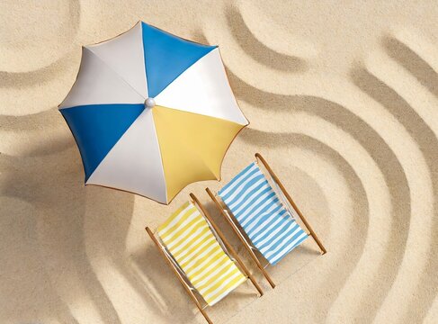 Beach umbrella with chairs, on beach sand. summer vacation concept. 3d render/rendering