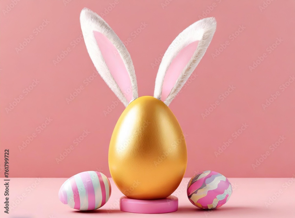 Wall mural Creative easter egg with rabbit ears isolated on pastel pink background. Minimal concept. 3d