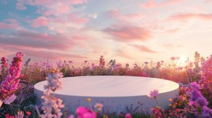 Podium display in flower field during sunset - A white podium exhibit in a blooming field with a whimsical sunset backdrop offers a magical scene for display