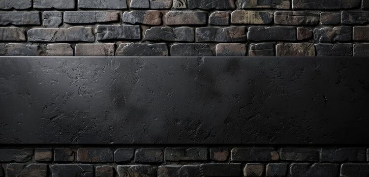 A dark stone brick wall with a smooth black banner in the middle.