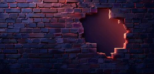 A glowing purple breach in a dark brick wall, creating a dramatic escape.