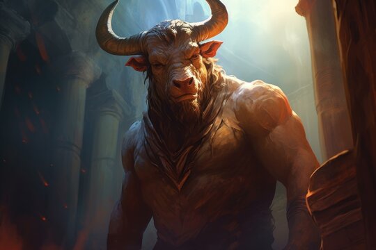 Mythical Minotaur myth illustration. Man with ancient creature animal. Generate Ai