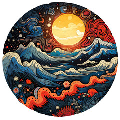 a circular art of mountains and the moon