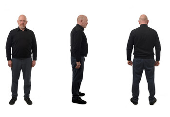 front side and back view of same man standing and serious of white background