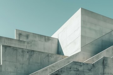 modern concrete brutalist building with a pale teal sky