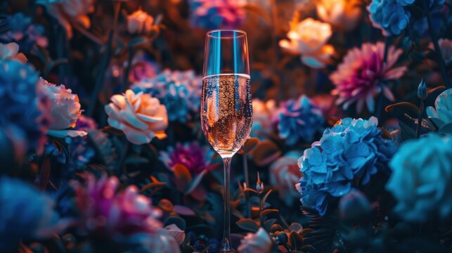 a close up of a wine glass in a field of flowers with a blurry background of blue and pink flowers.