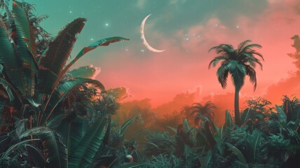 Fototapeta na wymiar Tropical jungle under a starry night sky - A vibrant depiction of a lush tropical jungle under a sky with stars and a crescent moon offering a dreamy escape