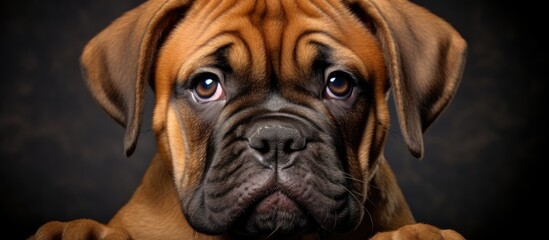 A close up of a fawncolored Boxer puppy, a member of the Dog breed known for its wrinkled snout and being a companion dog in the Sporting Group - obrazy, fototapety, plakaty