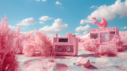 Dreamy surreal retro-futuristic pink landscape of ruins of a past civilisation. 