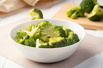 sliced broccoli in white bowl on the table,edible green plant in the cabbage family,whose large...