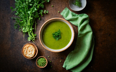 Rustic Green Soup Comforting Culinary Tradition Served on a Rusty Brown Table