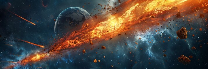 Meteor Falling, Comet Armageddon, Devastating Meteorite, Cosmic Catastrophe, Apocalypse - obrazy, fototapety, plakaty