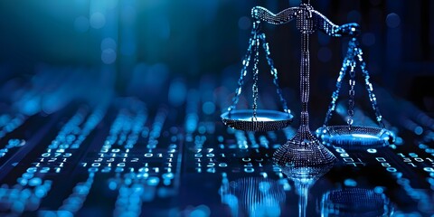 Digital Scales and Data Center: Revolutionizing Justice and Law with Legal Technology. Concept Legal Technology, Justice System, Digital Scales, Data Center, Revolutionizing Technology - obrazy, fototapety, plakaty