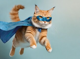 Superhero cat, Cute orange tabby kitty with a blue cloak and mask jumping and flying on light blue background.