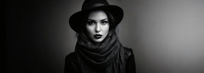 Black and White Portrait: Stylish Brunette Woman Wearing Black Hat, Scarf, and Leather Jacket, Standing Against Gradient Background