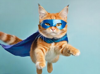 Superhero cat, Cute orange tabby kitty with a blue cloak and mask jumping and flying on light blue background.