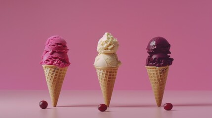a group of three ice cream cones sitting next to each other on top of a pink surface in front of a pink background.