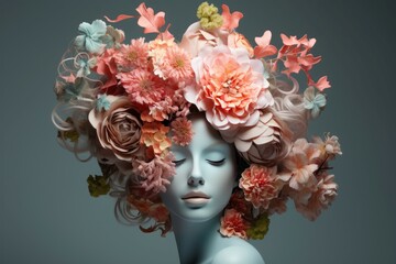 Whimsical Model with head decorated with flowers. Artistic gorgeous pink floral hairstyle. Generate ai