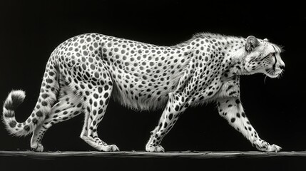  a black and white photo of a cheetah walking on a black background with spots on it's fur.