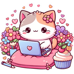 graphics of  joyful kawaii cat and laptop