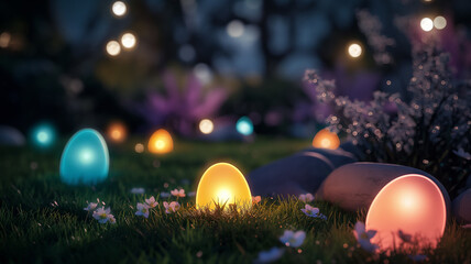 Obraz na płótnie Canvas Illuminated Easter Eggs in Nighttime Garden