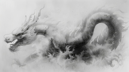  a black and white photo of a dragon in the air with a lot of smoke coming out of its mouth. - obrazy, fototapety, plakaty