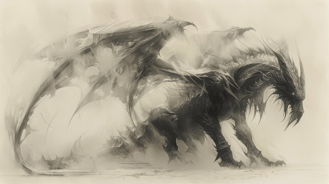  a black and white drawing of a dragon with wings spread out, standing in front of a foggy sky.