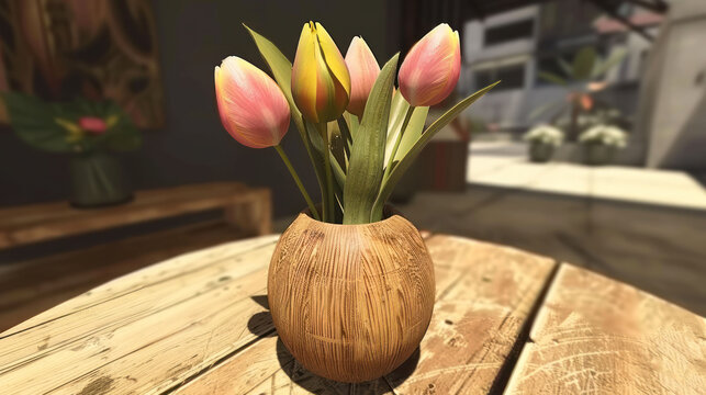 a vase filled with pink and yellow tulips sitting on top of a wooden table next to a vase filled with pink and yellow tulips.