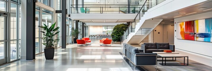 Modern lobby interior with colorful art - A sleek, architectural image of a modern lobby with vibrant artwork and stylish seating areas
