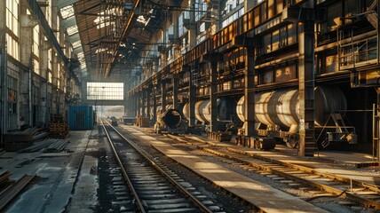 Abandoned steelworks factory at sundown - The warm glow of sunset illuminates an old, abandoned factory, highlighting the intricate steelwork and industrial decay - obrazy, fototapety, plakaty