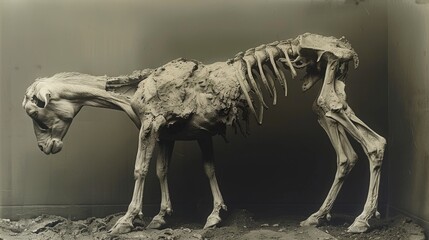  a horse that is standing in the dirt with a skeleton on it's back and it's head turned to the side. - obrazy, fototapety, plakaty