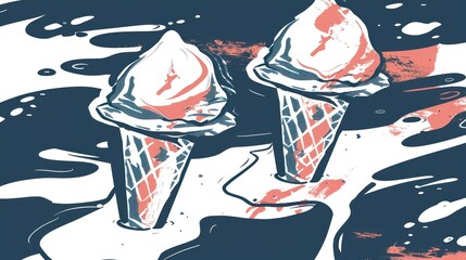 a couple of ice cream cones sitting on top of a puddle of water on top of a black and white surface.