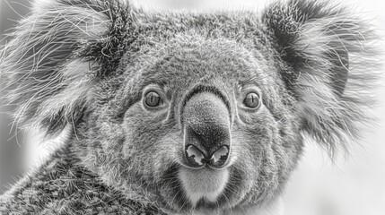 Fototapeta premium a black and white photo of a koala bear looking at the camera with a surprised look on its face.