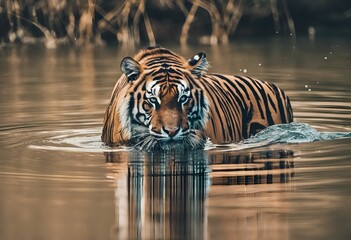 A tiger in the water in the Jungle - obrazy, fototapety, plakaty