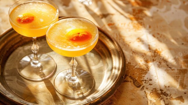 two glasses of orange juice sit on a silver tray on top of a marble counter top with a rusted surface.