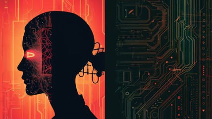 Human profile silhouetted against digital brain - An illustration contrasts a human silhouette with a digital brain, symbolizing AI and cognition