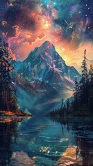 Water and mountain during northern lights - obrazy, fototapety, plakaty