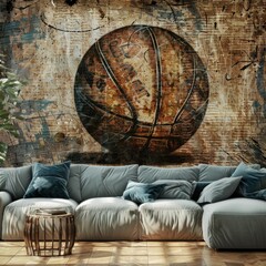 Modern living room with vintage basketball art - A cozy and stylish living room accented by a large vintage basketball wall art in a rustic setting