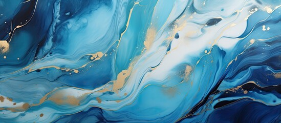 A closeup of a painting resembling liquid blue and gold marbles, creating a mesmerizing pattern. The art portrays a fluid landscape with transparent materials and electric blue hues