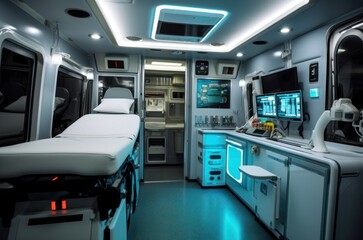 Sterile Modern ambulance inside transport. Medicine help vehicle safety interior. Generate Ai - obrazy, fototapety, plakaty