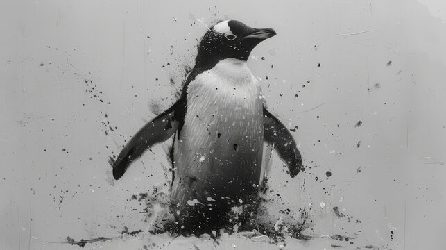  a black and white photo of a penguin splashing water on it's back and its head in the air.